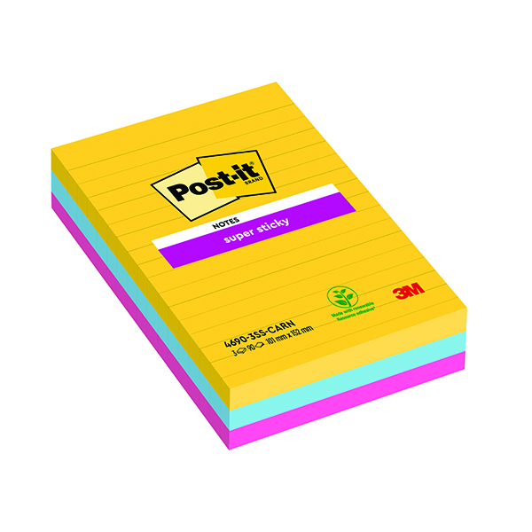 POST-IT S/S LINED NOTES CARNIVAL PK3