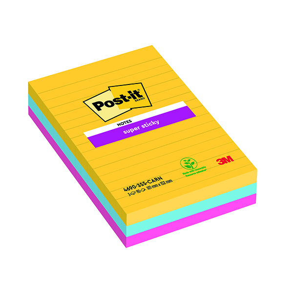 POST-IT S/S LINED NOTES CARNIVAL PK3