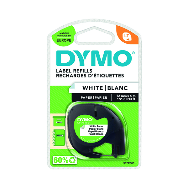 DYMO LETRATAG PAPER TAPE 12MMX4M WHT