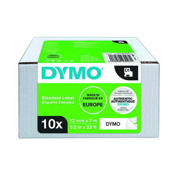 DYMO D1 LABEL TAPE 12MMX7MM BLK PK10