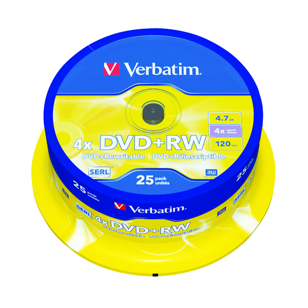 VERBATIM DVD+RW 4X SLVR SPNDLE 25